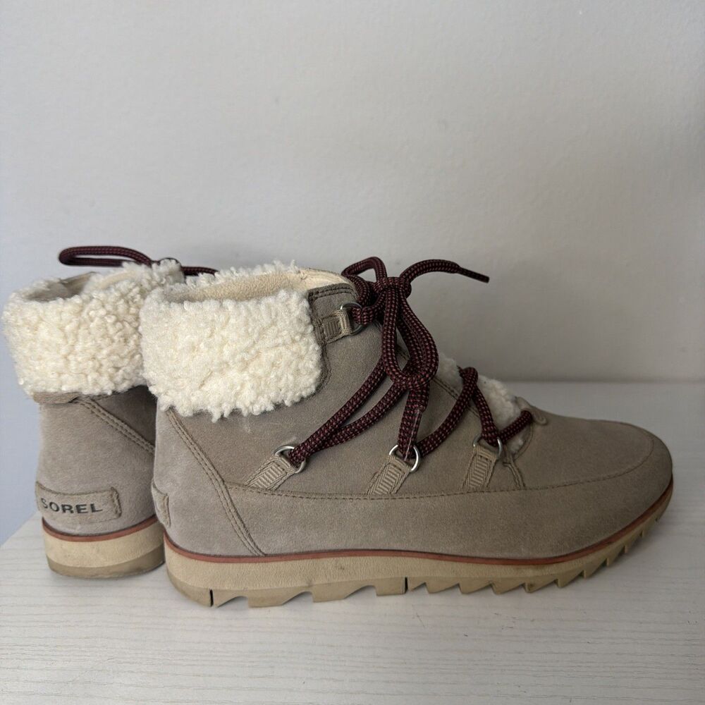 Sorel 9.5 Women Harlow Lace Cozy Booties Boot Shoe Tan Suede Shearling Winter